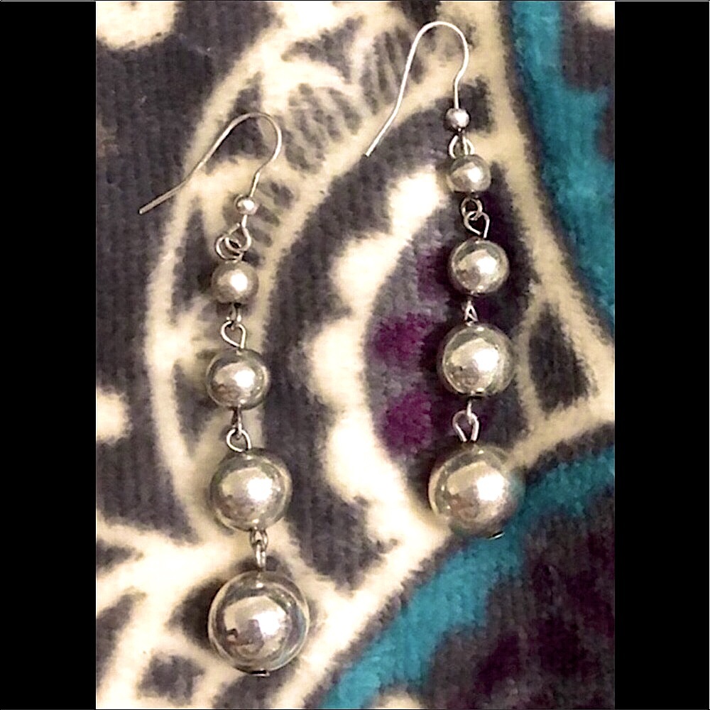 3 TIER SILVER BEAD LONG GRADUATED EARRINGS